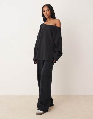 Asos Design Oversized Off-shoulder Interlock Sweatshirt In Black