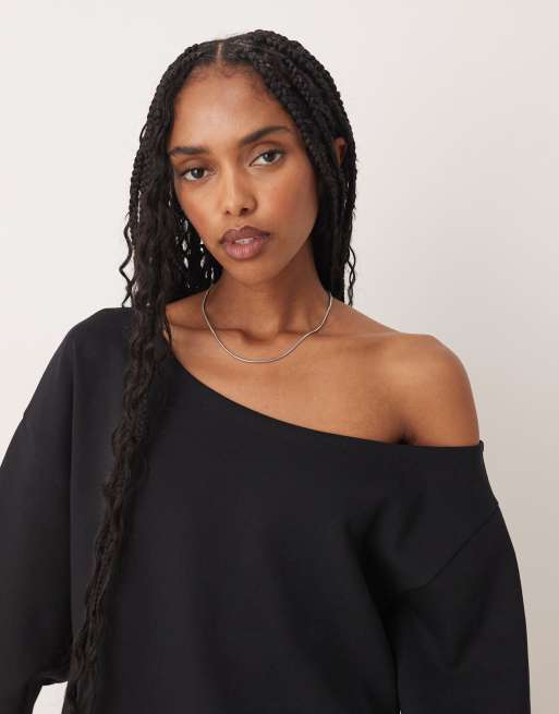 ASOS DESIGN oversized off-shoulder interlock sweatshirt in black