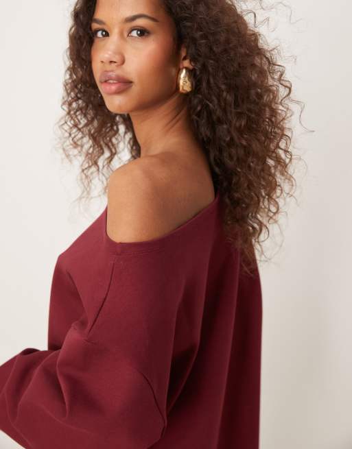 ASOS DESIGN oversized off shoulder interlock sweatshirt in burgundy