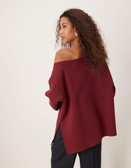 ASOS DESIGN oversized off shoulder interlock sweatshirt in burgundy
