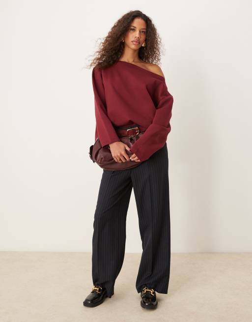 ASOS DESIGN oversized off shoulder interlock sweatshirt in burgundy