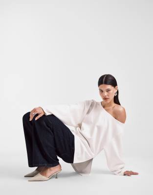 Asos Design Oversized Off Shoulder Interlock Sweatshirt In White