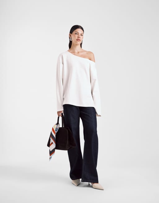 ASOS DESIGN oversized off shoulder interlock sweatshirt in cream, 3 of 4