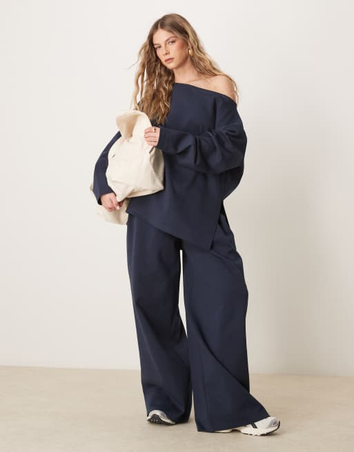 ASOS DESIGN oversized off shoulder interlock sweatshirt in navy