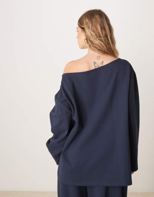ASOS DESIGN oversized off shoulder interlock sweatshirt in navy
