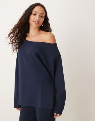 Asos Design Oversized Off-shoulder Interlock Sweatshirt In Blue