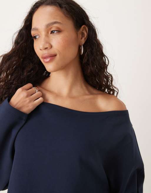 ASOS DESIGN  oversized off shoulder interlock sweatshirt in navy