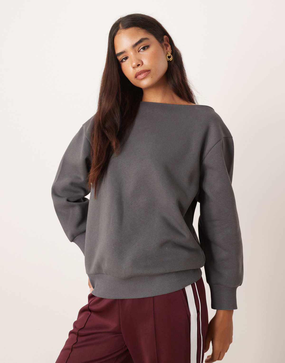 ASOS DESIGN oversized off shoulder sweat in charcoal