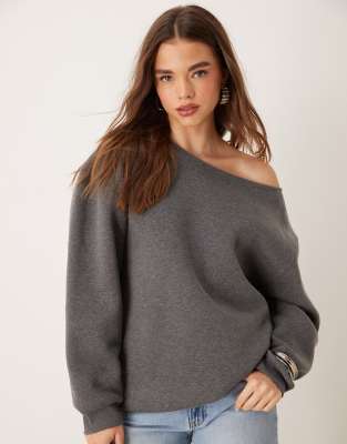 Asos Design Oversized Off Shoulder Sweatshirt In Charcoal Heather-gray
