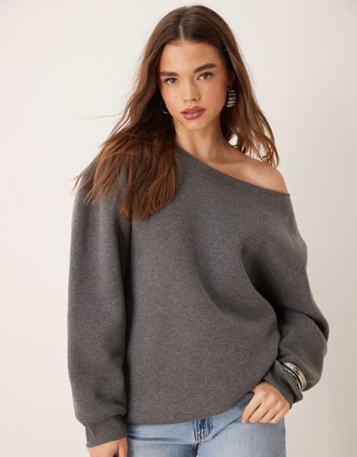 ASOS DESIGN oversized off shoulder sweatshirt in charcoal marl