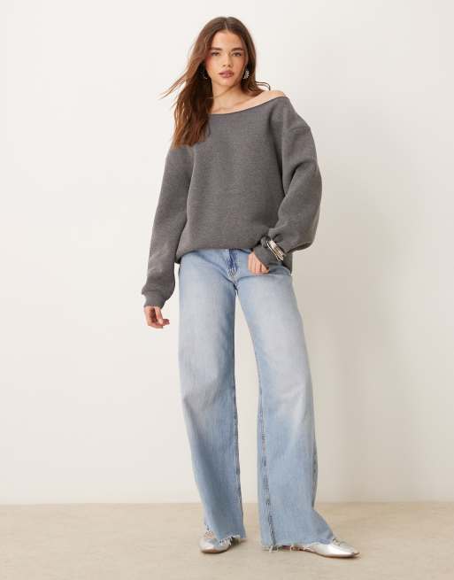 ASOS DESIGN oversized off shoulder sweatshirt in charcoal marl | ASOS