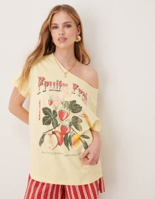 Asos Design Oversized Off Shoulder T-shirt With Fruit Graphic In Yellow