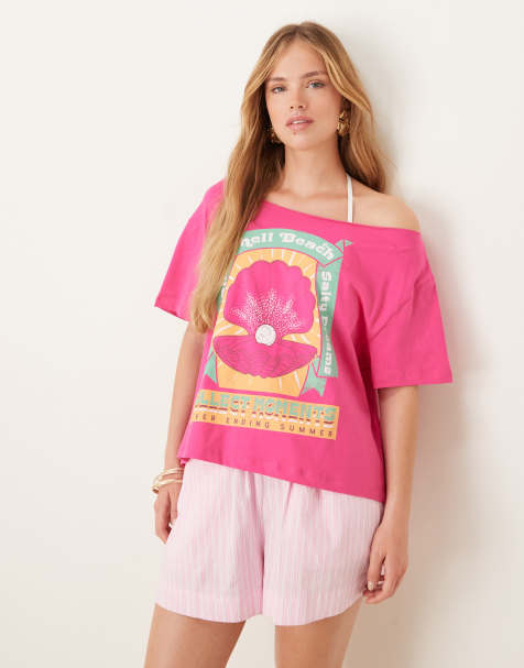 ASOS DESIGN oversized off shoulder T-shirt with oyster shell graphic in pink - view 1