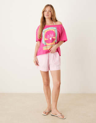 Asos Design Oversized Off Shoulder T-shirt With Oyster Shell Graphic In Pink