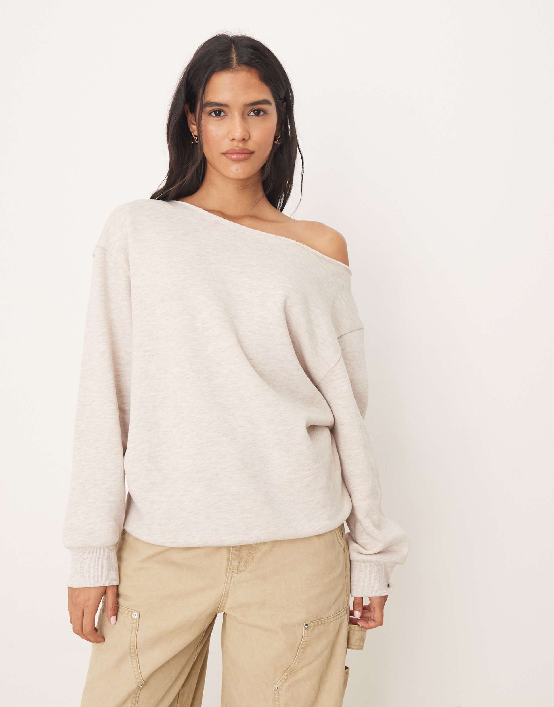 asos design oversized off the shoulder sweatshirt in heathered oatmeal