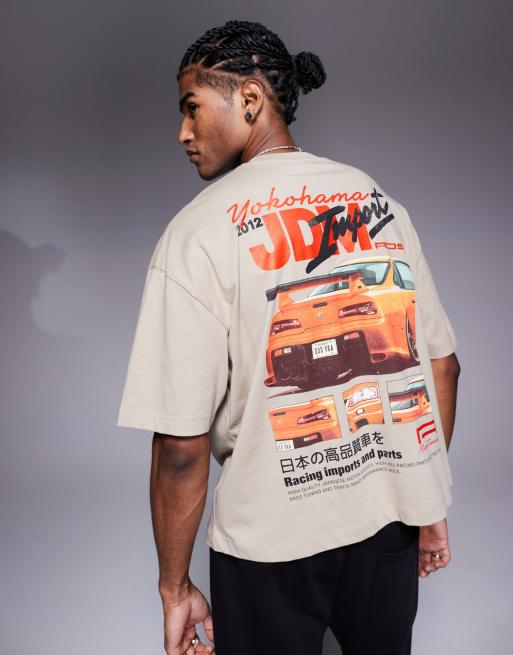 ASOS DESIGN - Oversized og beige T-shirt med firkantet pasform og grafisk bilprint