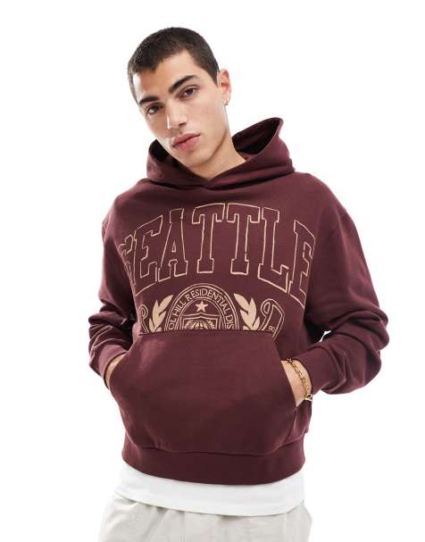 ASOS DESIGN - Oversized og bordeauxrød hættetrøje med firkantet pasform og byprint fortil - view 1