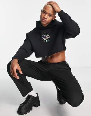 ASOS DESIGN - Oversized og cropped sort hættetrøje med store ærmer og krom-print