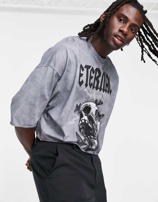 ASOS DESIGN - Oversized og cropped T-shirt i forvasket sort med grunge-print
