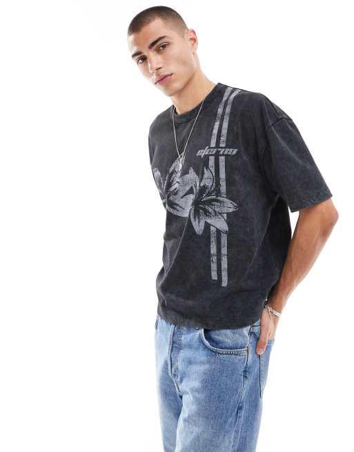 ASOS DESIGN - Oversized og forvasket sort T-shirt i kraftigt 220 gsm-stof med firkantet pasform og blomsterprint foran