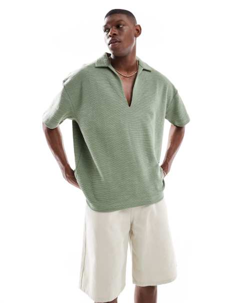 ASOS DESIGN - Oversized og grøn poloskjorte med firkantet pasform og tekstur - view 1