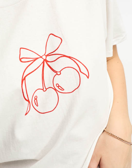 ASOS DESIGN - Oversized og hvid T-shirt med grafisk kirsebær- og båndprint, 2 af 4