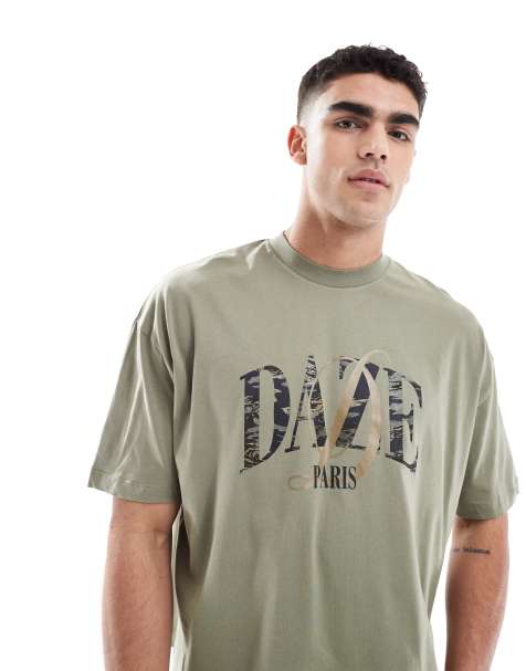 ASOS DESIGN - Oversized og kakifarvet T-shirt med firkantet pasform og grafisk tekstprint - view 1
