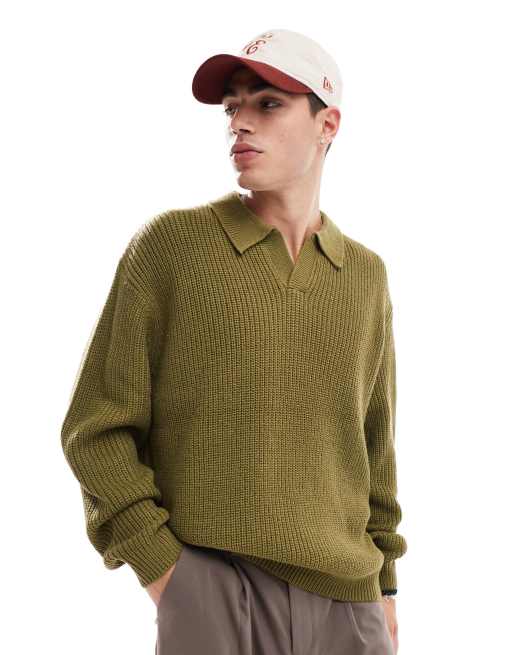 ASOS DESIGN - Oversized og kakifarvet trøje i fisker-ribstrik med halshak