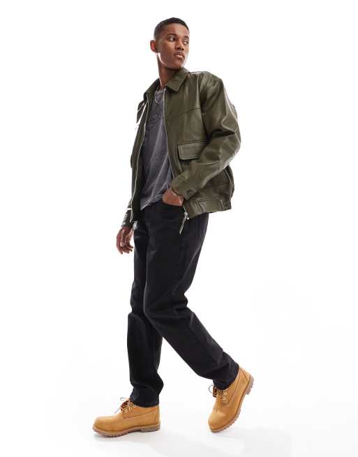 ASOS DESIGN - Oversized og kakigrøn bomber-jakke i ægte læder