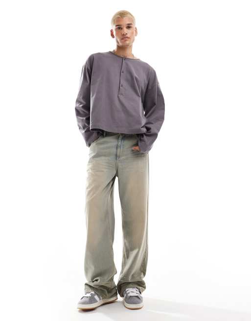 ASOS DESIGN - Oversized og koksgrå T-shirt med lange ærmer og henley-hals