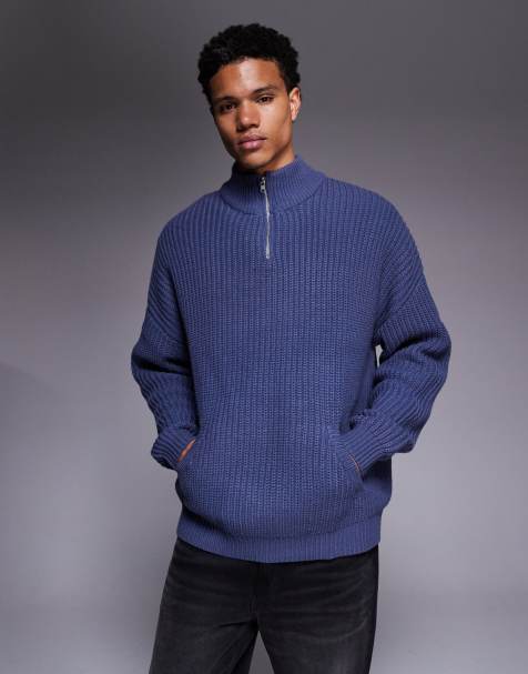 ASOS DESIGN - Oversized og kraftig marineblå striktrøje med halv lynlås - view 1