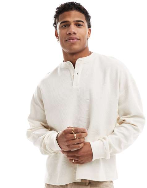 ASOS DESIGN - Oversized og langærmet cremehvid T-shirt med firkantet pasform, vaffeltekstur og henley-krave - view 1
