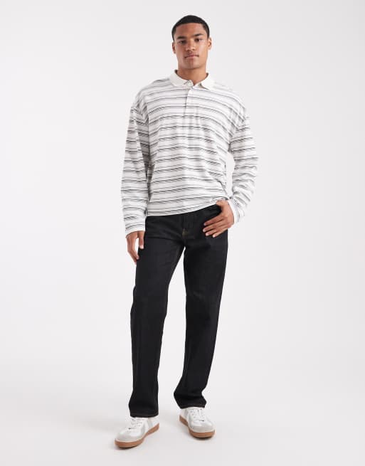 ASOS DESIGN - Oversized og langærmet poloskjorte med firkantet pasform og neutrale teksturerede striber , 2 af 5