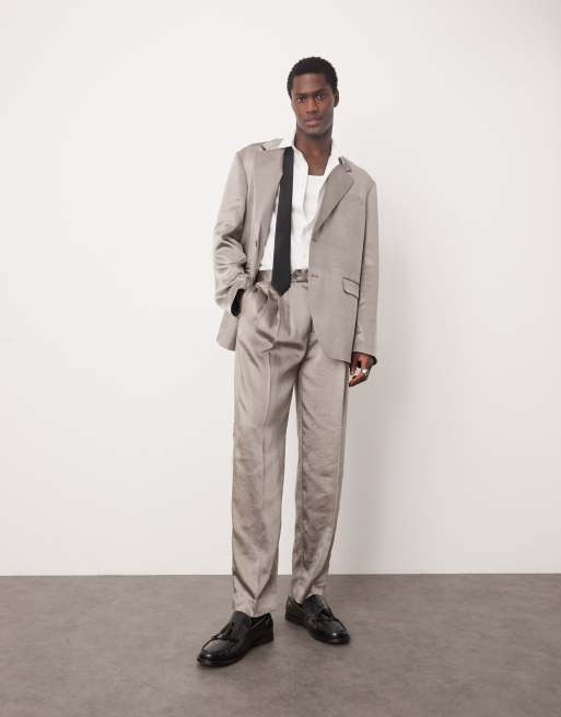 ASOS DESIGN - Oversized og løstsiddende jakkesæt i mat og grå satin