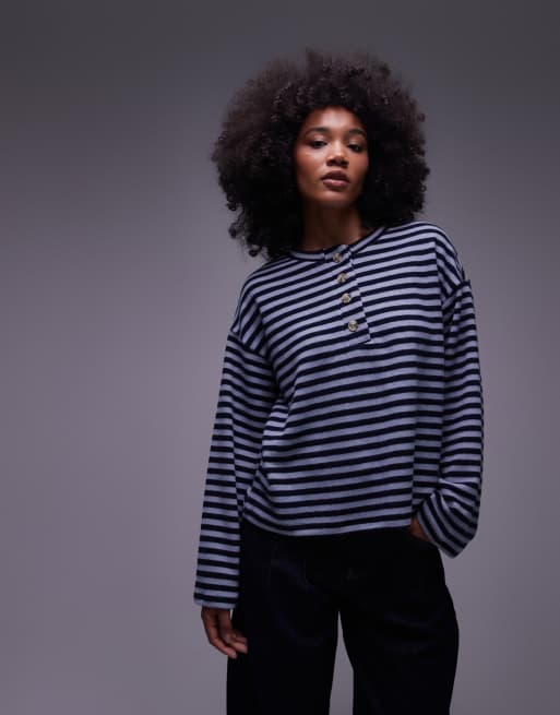 ASOS DESIGN - Oversized og marineblå Henley med striber i soft touch