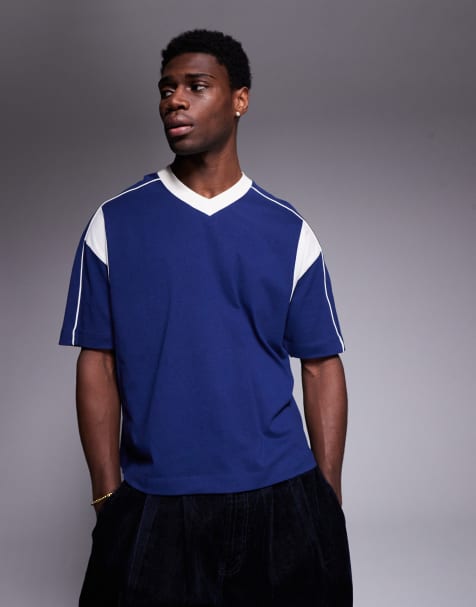 ASOS DESIGN - Oversized og marineblå T-shirt med firkantet pasform, V-hals og kontrastpaneler - view 1