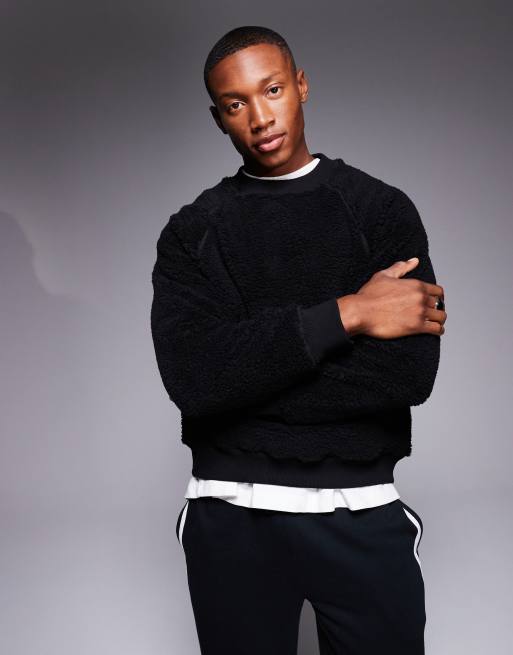 ASOS DESIGN - Oversized og sort sweatshirt i teddy-stof med firkantet pasform og kantdetaljer