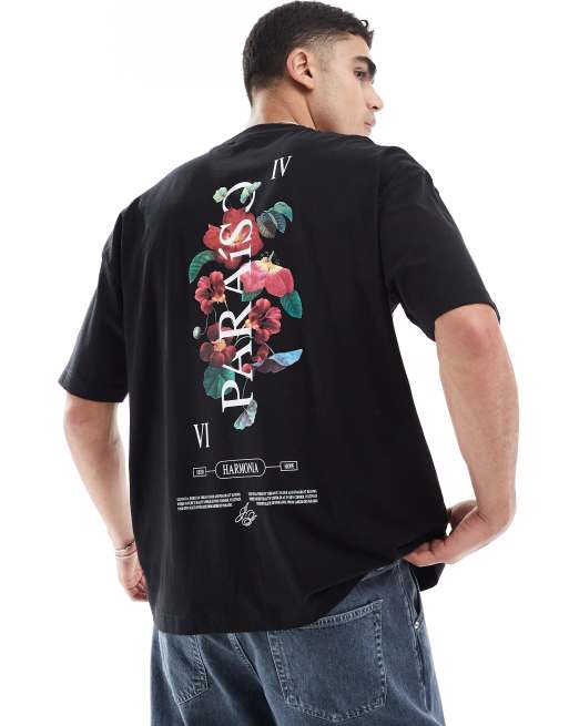 ASOS DESIGN - Oversized og sort T-shirt med grafisk blomsterprint