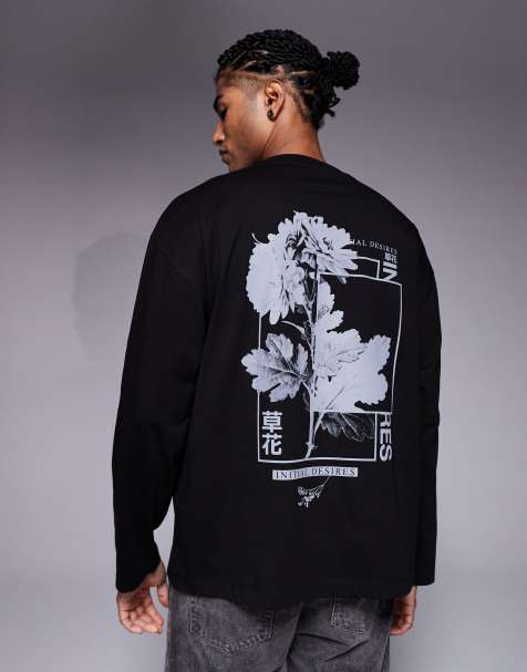 ASOS DESIGN - Oversized og sort T-shirt med lange ærmer og bladprint - view 1