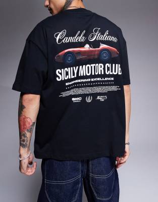 ASOS DESIGN - Oversized og sort T-shirt med 'Motor Club'-print på ryggen