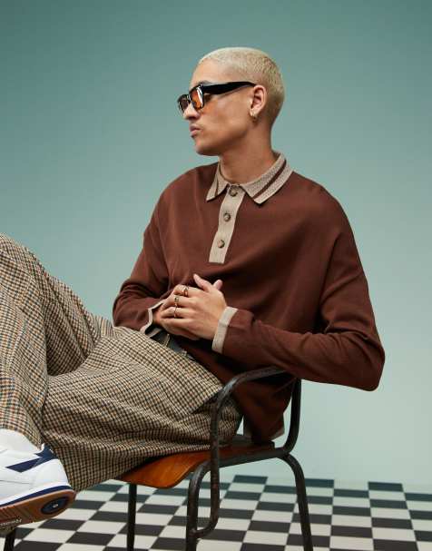 ASOS DESIGN - Oversized og strikket brun poloskjorte med lange ærmer og firkantet pasform - view 1