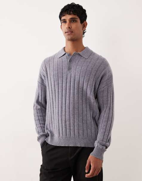 ASOS DESIGN - Oversized og strikket gråmeleret poloskjorte i ribstrikket lammeuld - view 1