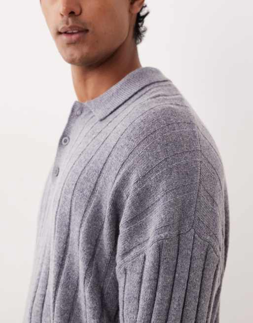 ASOS DESIGN - Oversized og strikket gråmeleret poloskjorte i ribstrikket lammeuld, 4 af 5