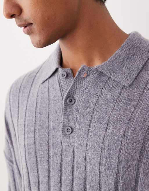 ASOS DESIGN - Oversized og strikket gråmeleret poloskjorte i ribstrikket lammeuld, 5 af 5