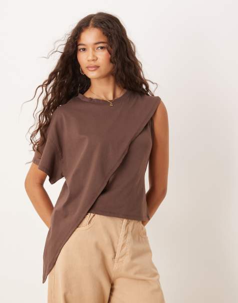 ASOS DESIGN oversized one sleeve t-shirt with drape detail in chocolate - view 1
