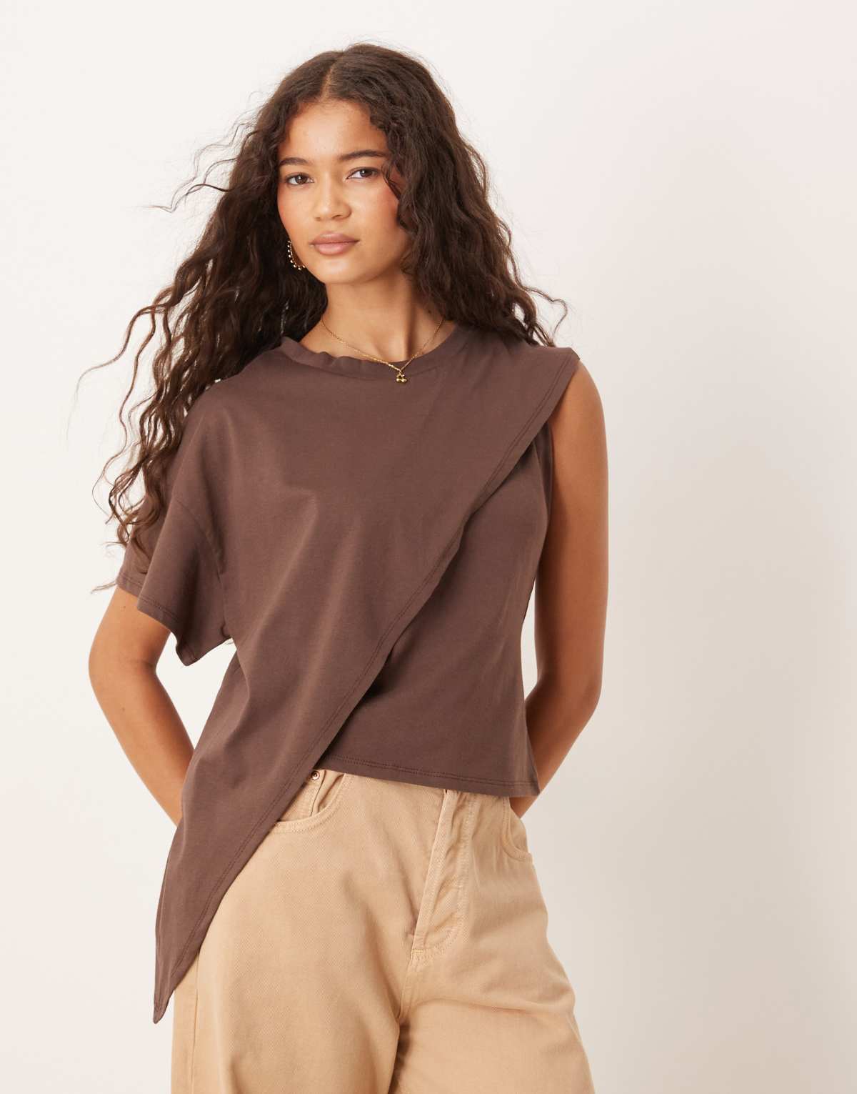 ASOS DESIGN oversized one sleeve t-shirt with drape detail in chocolate