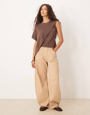 Asos Design Oversized One Sleeve T-shirt With Drape Detail In Brown