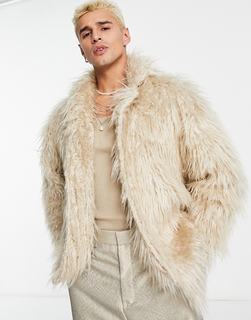 ASOS DESIGN oversized open jacket in beige faux fur-Brown