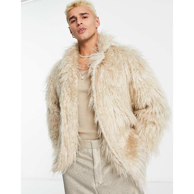 ASOS DESIGN oversized open jacket in beige faux fur