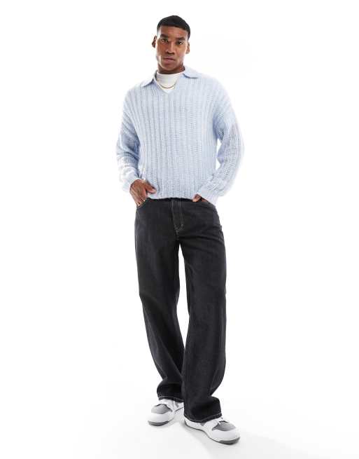 ASOS DESIGN oversized open knit brushed rib notch neck sweater in light blue
